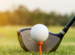 Golf club and ball in grass with sunlight. Close up at golf club and golf ball.